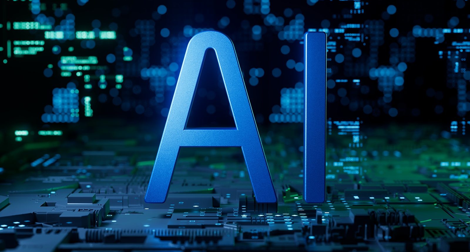 城市夜景中悬浮的 AI 字样，示意搜索进入 AI 时代