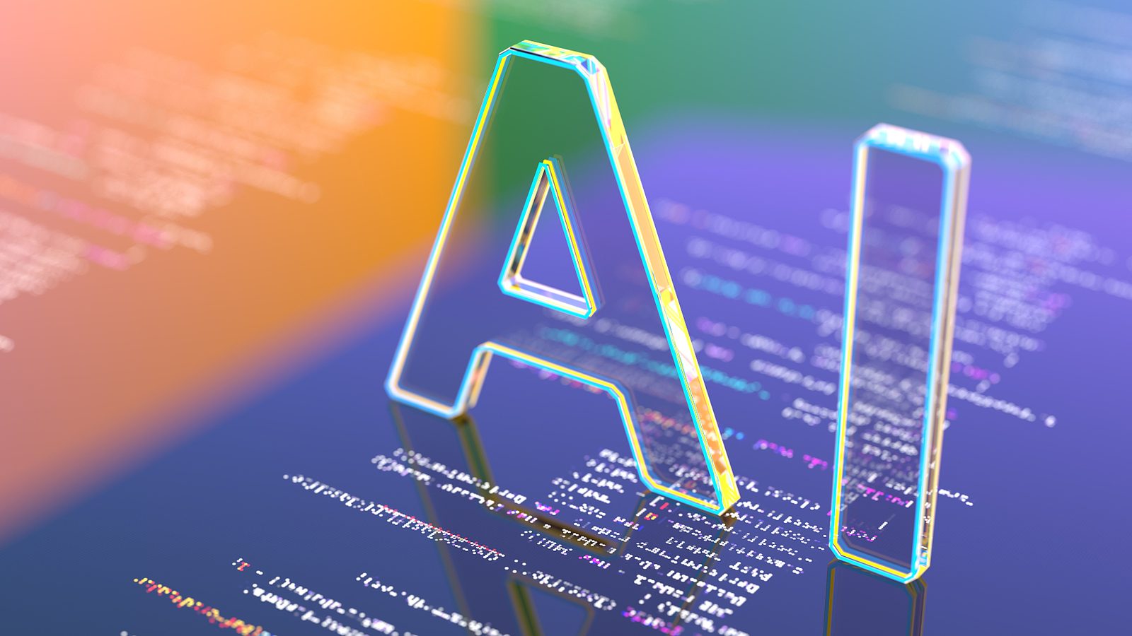 代码背景上的霓虹 AI 字样，示意内容与技术的交汇