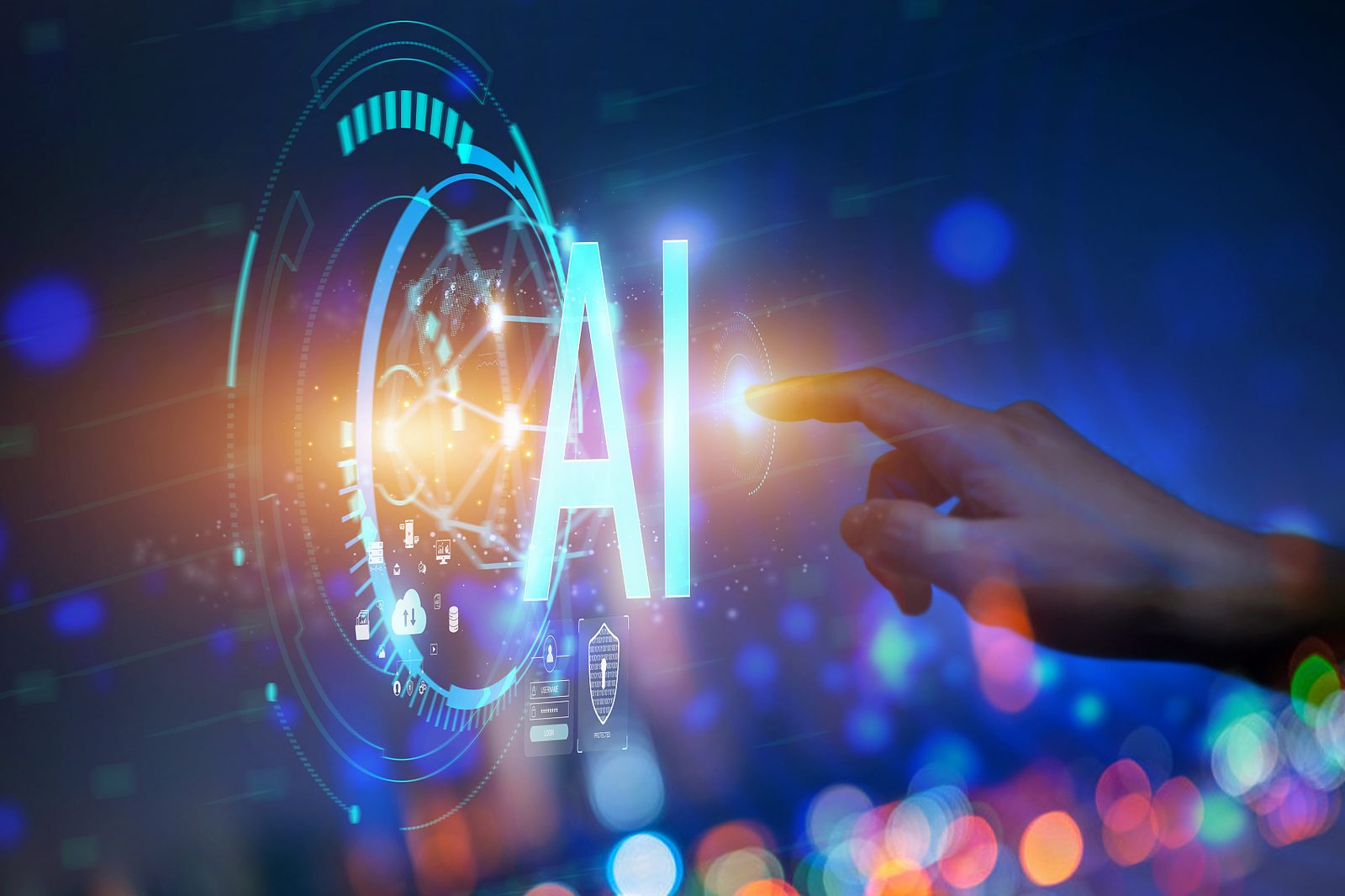 手指触碰全息 AI 界面，示意客户向 AI 提问的场景